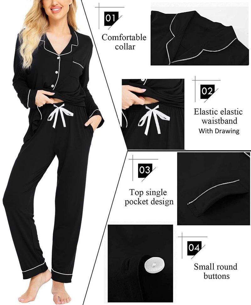 SWOMOG Womens Pajamas Set Long Sleeve Sleepwear Button Down Nightwear Soft Cotton Pj Lounge Sets with Pockets Black - Image 3